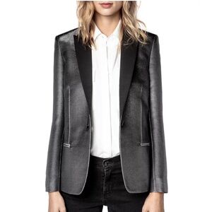 Zadig & Voltaire Women's Vedy Silver Metallic Single-Breasted Blazer Size 38